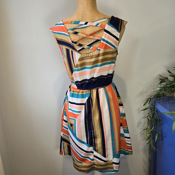 Summer Dress, Colorful, Xhilaration, Orange, Navy, Turquoise, Peach, Tan. Small - Picture 5 of 9